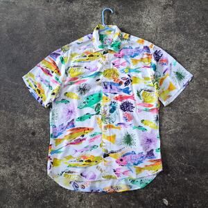 Vintage JAMS WORLD Hawaiian Shirt Mens Small WHITE REEF Fish Print Retro Rayon S